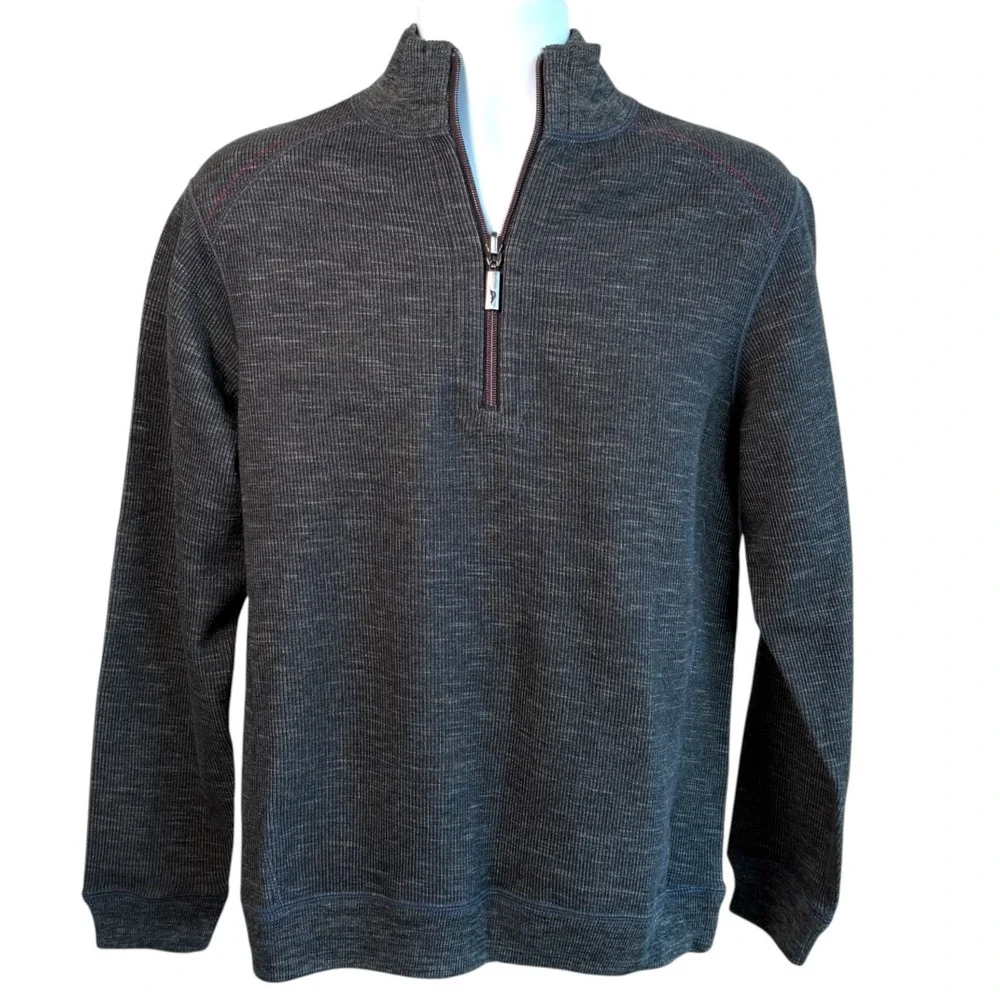 Tommy Bahama Flip Sider Half Zip Reversible Pullover Sweatshirt Sz L Gray Ribbed